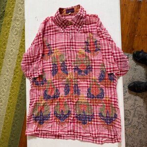 Men's Pink Gingham Button-Down Shirt with Floral Print